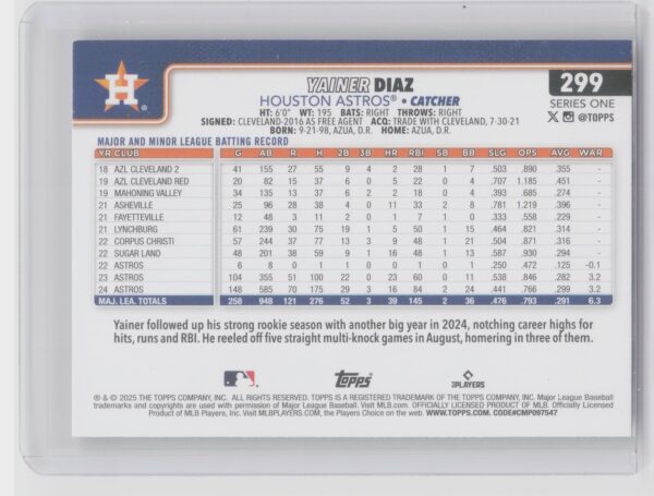 2025 Topps Yainer Diaz Diamante Foil #299 Astros - Image 3