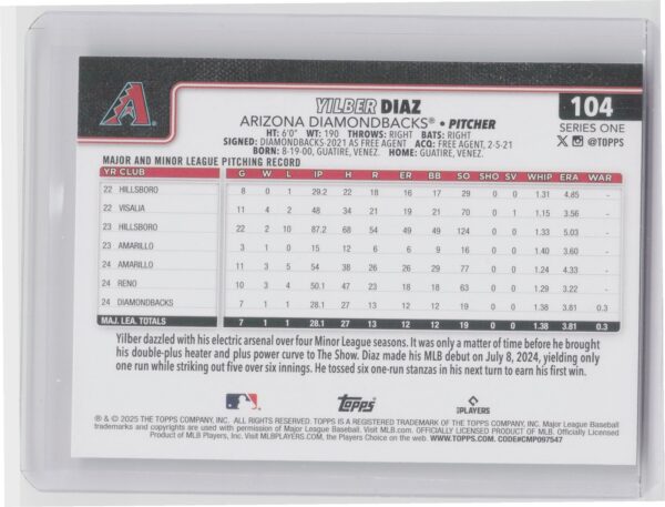 2025 Topps Yilber Diaz RC #104 Diamondbacks - Image 3