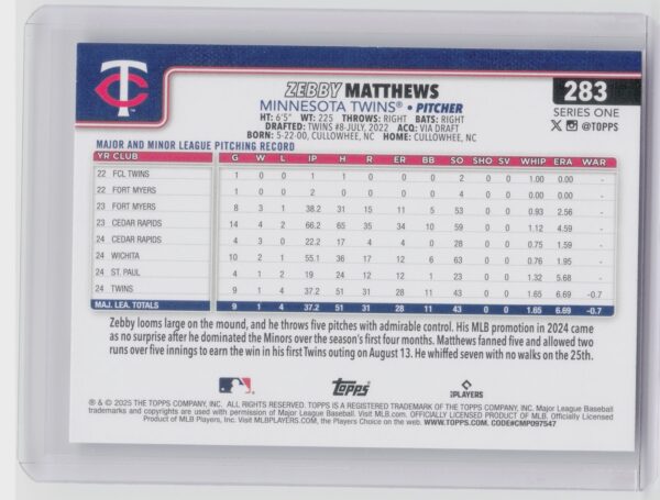 2025 Topps Zebby Matthews RC #283 Twins - Image 3