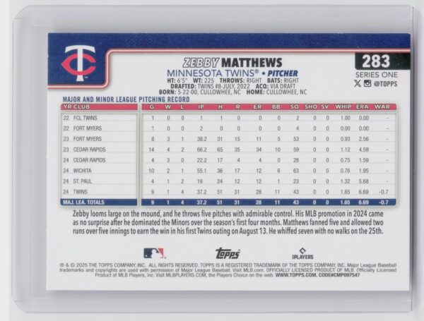 2025 Topps Zebby Matthews RC #283 Twins - Image 3