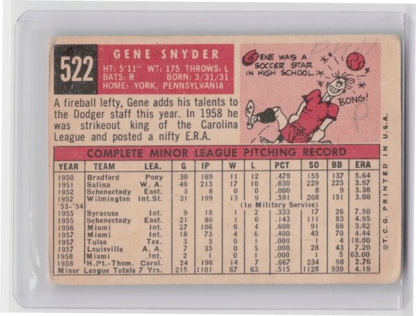 1959 Topps Gene Snyder RC #522 Dodgers - Image 3