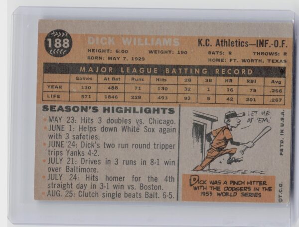 1960 Topps Dick Williams #188 Athletics - Image 3