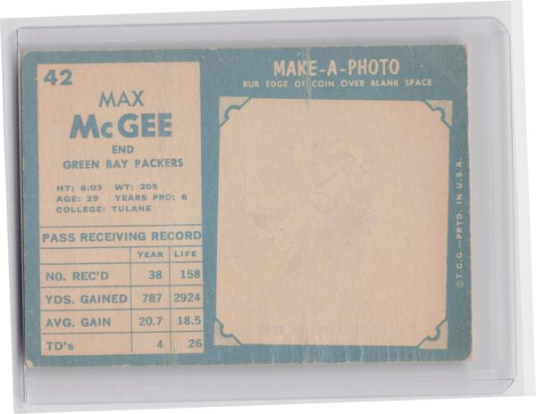 1961 Topps Max McGee #42 Packers - Image 3