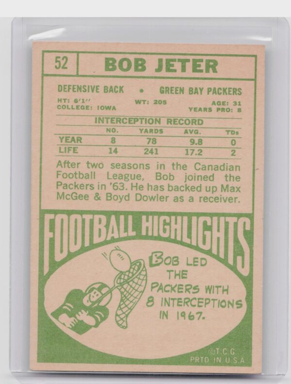 1968 Topps Bob Jeter RC #52 Packers - Image 3