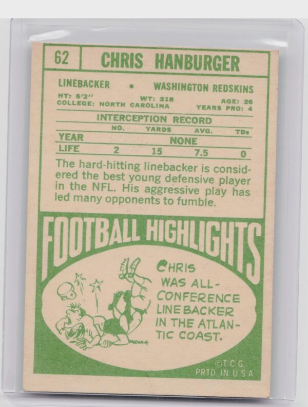 1968 Topps Chris Hanburger #62 Redskins - Image 3