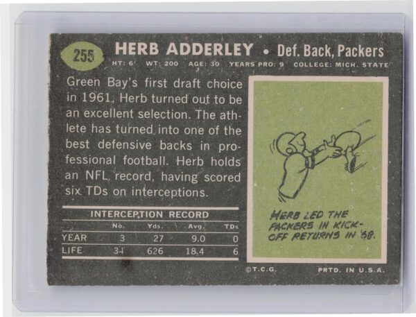 1969 Topps Herb Adderley #255 Packers - Image 3