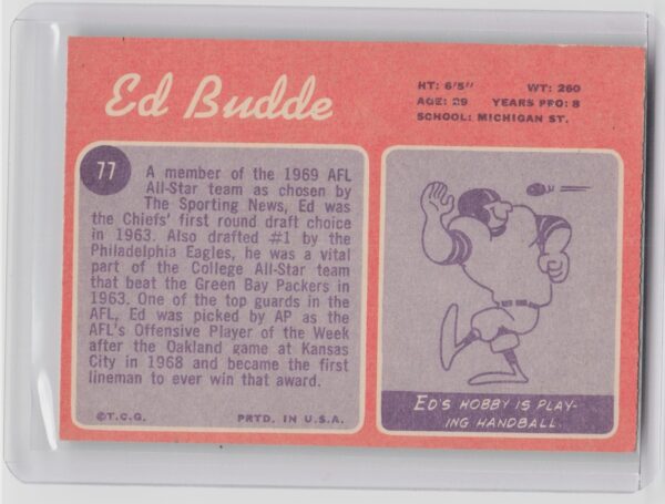 1970 Topps Ed Budde #77 Chiefs - Image 3