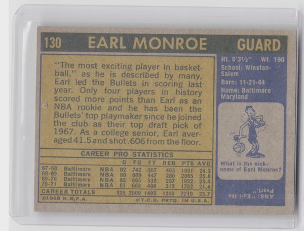 1971-72 Topps Earl Monroe #130 Bullets - Image 3