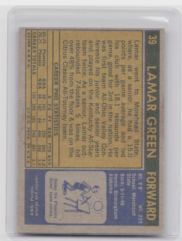 1971-72 Topps Lamar Green #39 Suns - Image 3