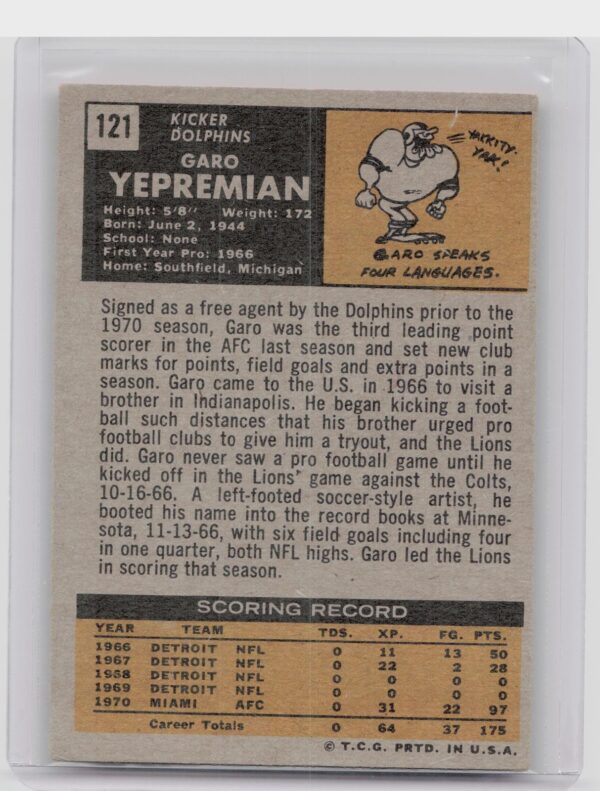 1971 Topps Garo Yepremian RC #121 Dolphins - Image 3