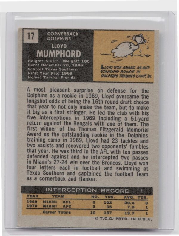 1971 Topps Lloyd Mumphord RC #17 Dolphins - Image 3