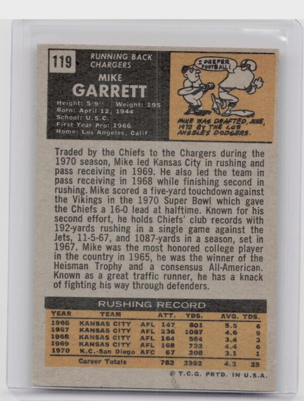 1971 Topps Mike Garrett #119 Chargers - Image 3