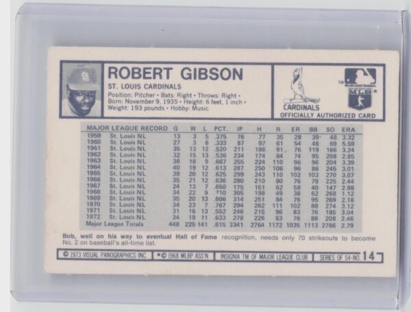 1973 Kellogg's Pro Super Stars Bob Gibson #14 Cardinals - Image 3