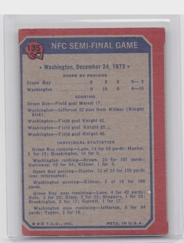1973 Topps NFC Semi-Final Game #135 Packers - Image 3