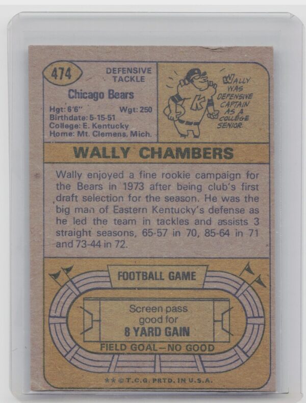 1974 Topps Wally Chambers RC #474 Bears - Image 3