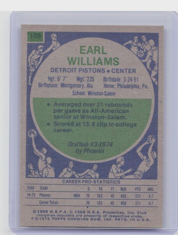 1975-76 Topps Earl Williams RC #109 Pistons - Image 3