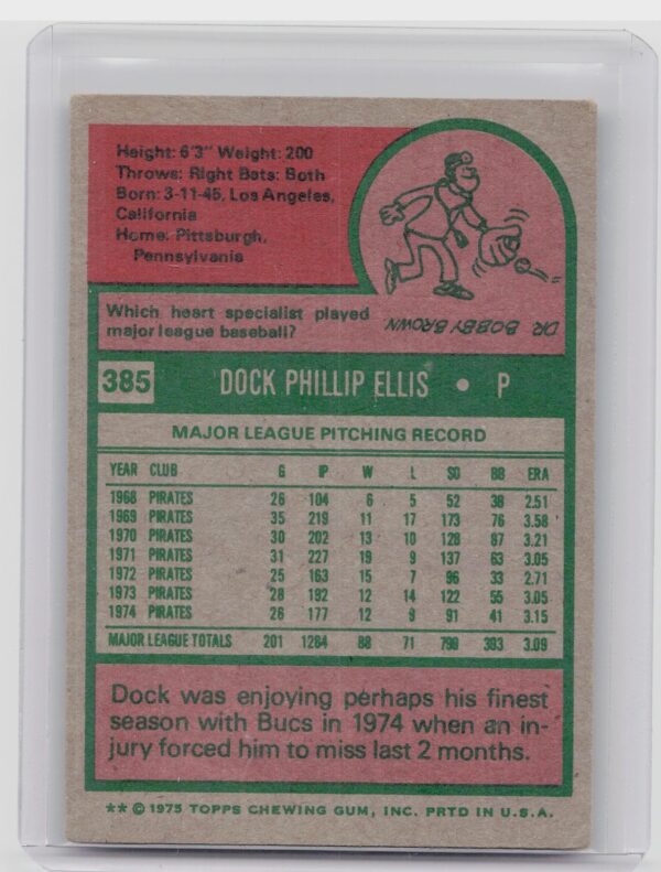 1975 Topps Dock Ellis #385 Pirates - Image 3