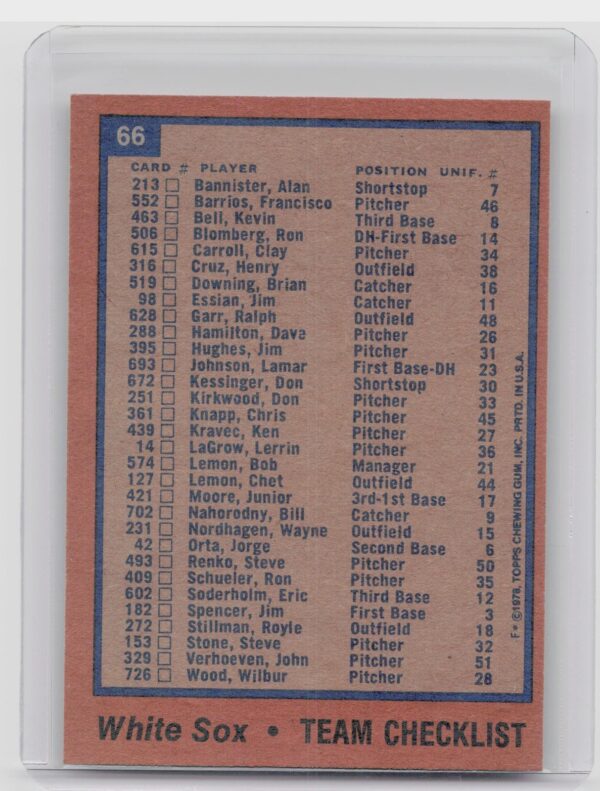 1978 Topps Chicago White Sox #66 Sox - Image 3