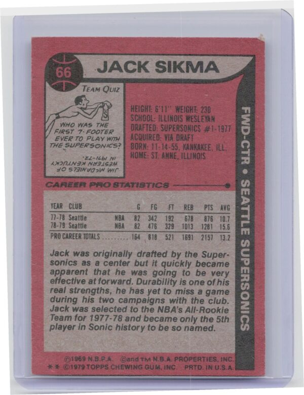 1979-80 Topps Jack Sikma #66 SuperSonics - Image 3