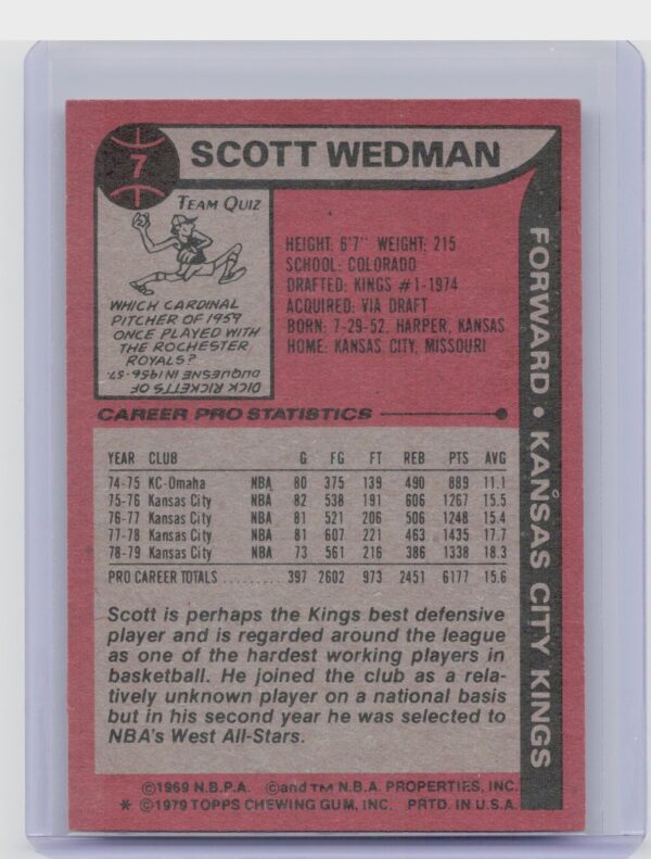 1979-80 Topps Scott Wedman #7 Kings - Image 3