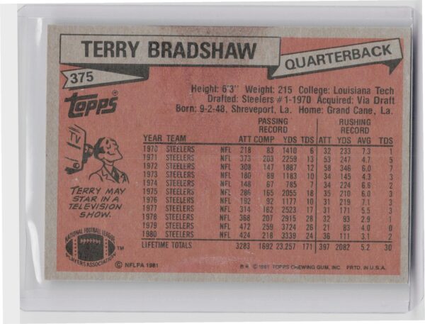 1981 Topps Terry Bradshaw #375 Steelers - Image 3