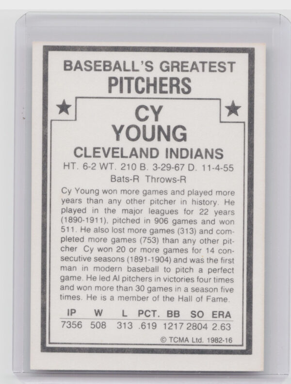 1982 TCMA Baseball's Greatest Pitchers (White Back) Cy Young #16 Indians - Image 3