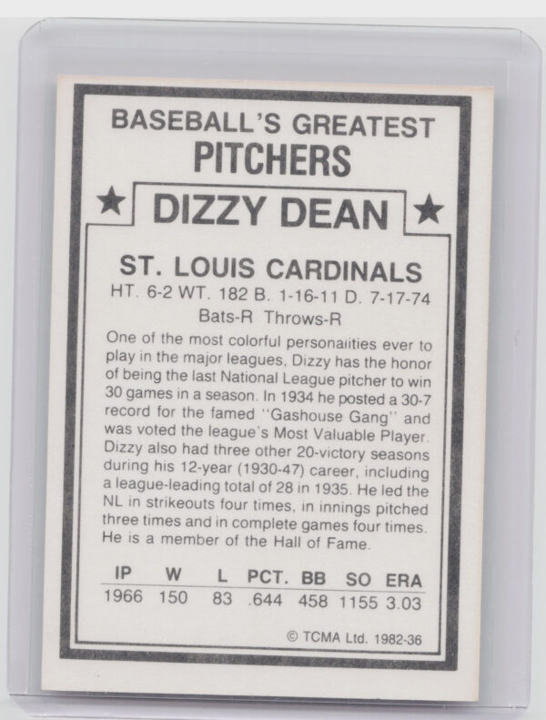1982 TCMA Baseball's Greatest Pitchers (White Back) Dizzy Dean #36 Cardinals - Image 3