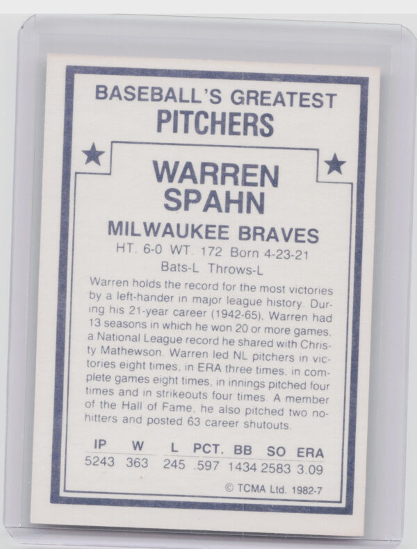 1982 TCMA Baseball's Greatest Pitchers (White Back) Warren Spahn #7 Braves - Image 3