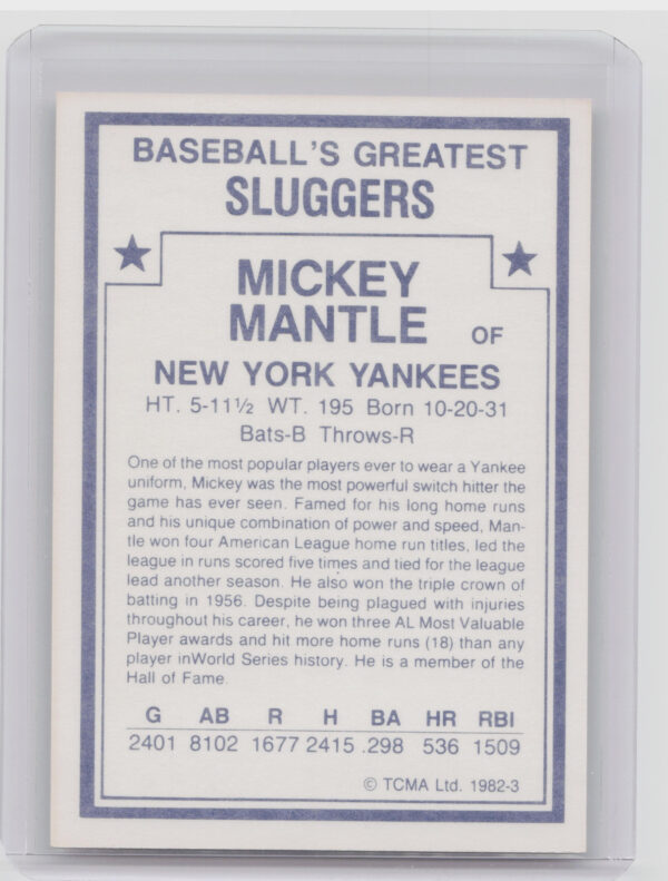 1982 TCMA Baseball's Greatest Sluggers (White Back) Mickey Mantle #3 Yankees - Image 3