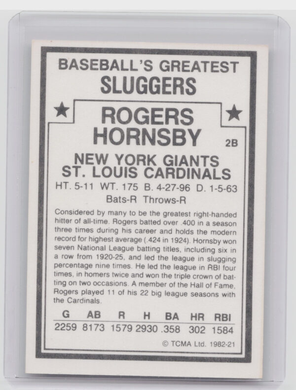 1982 TCMA Baseball's Greatest Sluggers (White Back) Rogers Hornsby #21 Cardinals - Image 3