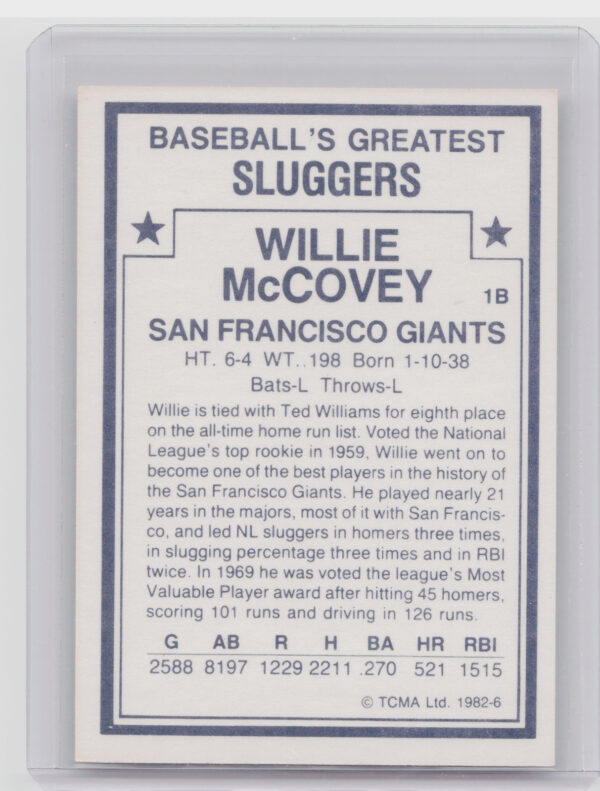1982 TCMA Baseball's Greatest Sluggers (White Back) Willie McCovey #6 Giants - Image 3