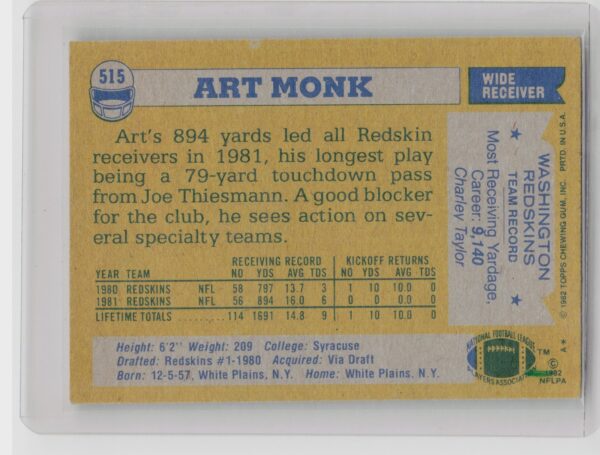 1982 Topps Art Monk #515 Redskins - Image 3