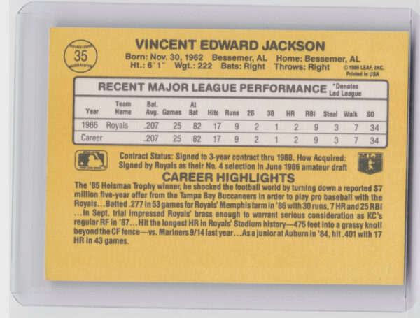 1987 Donruss Bo Jackson RC #35 Royals - Image 3