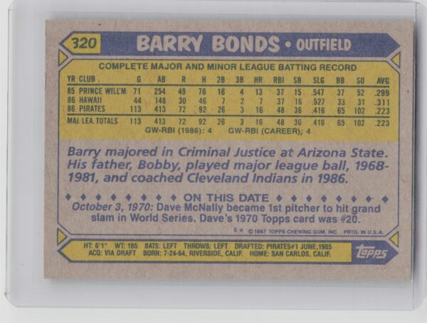 1987 Topps Barry Bonds RC #320 Pirates - Image 3