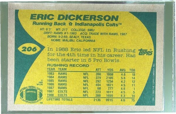 1989 Topps Eric Dickerson #206 Colts - Image 3