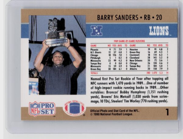 1990 Pro Set Barry Sanders #1 Lions - Image 3