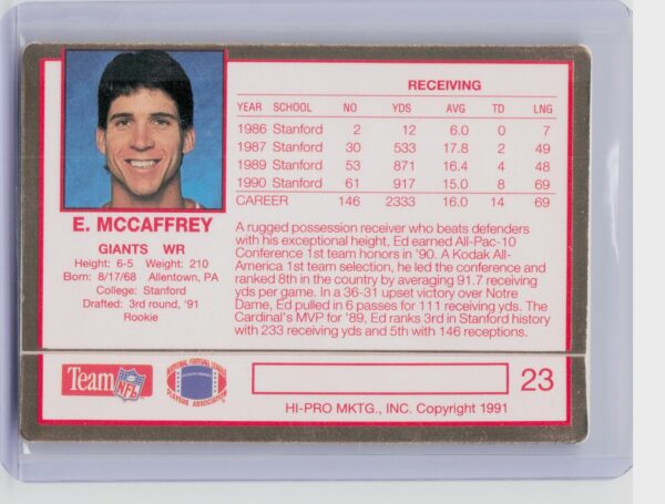 1991 Action Packed Rookie/Update Ed McCaffrey RC #23 Giants - Image 3