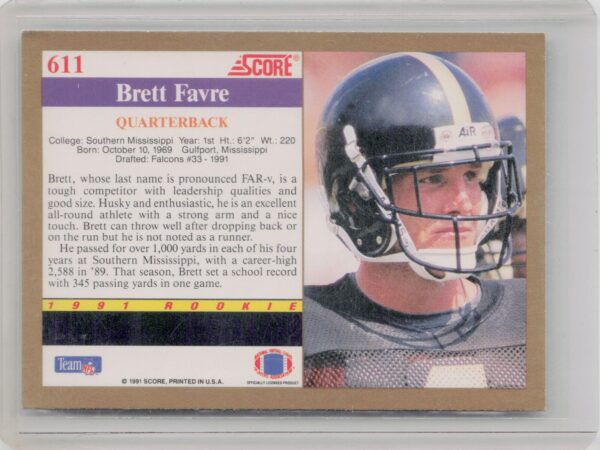 1991 Score Brett Favre RC #611 Eagles - Image 3
