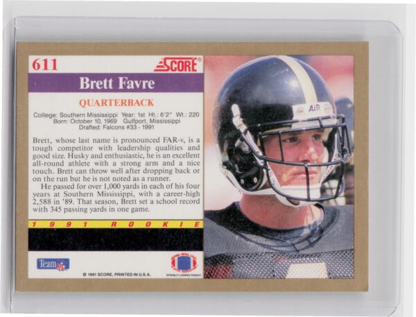 1991 Score Brett Favre RC #611 Eagles - Image 3