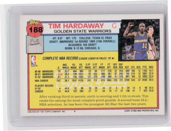 1992-93 Topps Tim Hardaway Gold #188 Warriors - Image 3