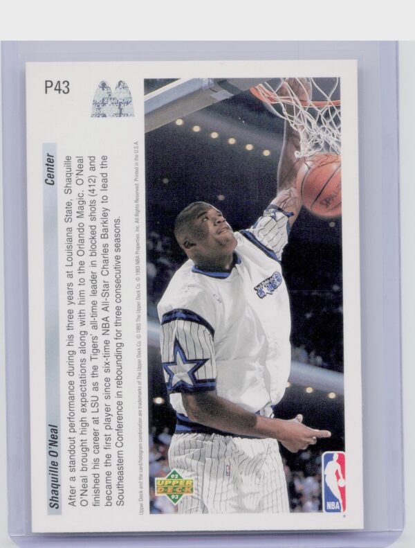 1992-93 Upper Deck McDonald's Shaquille O'Neal #P43 Magic - Image 3