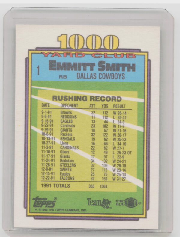 1992 Topps Emmitt Smith VAR #1 Cowboys 1000 Yard Club - Image 3