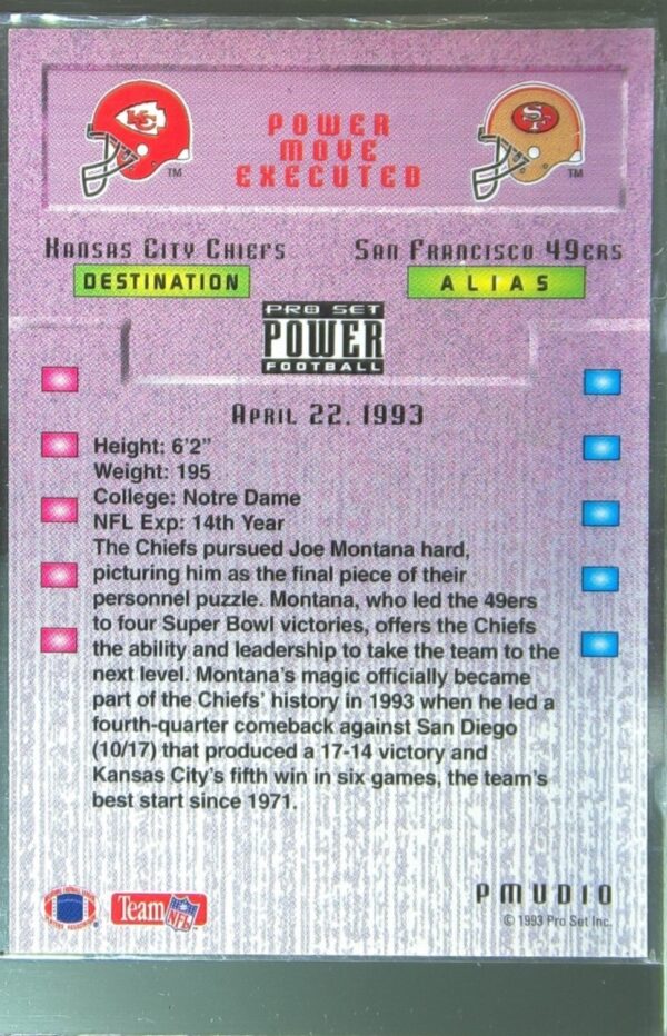 1993 Pro Set Power Update Joe Montana #PMUD10 Chiefs Power Moves - Image 3