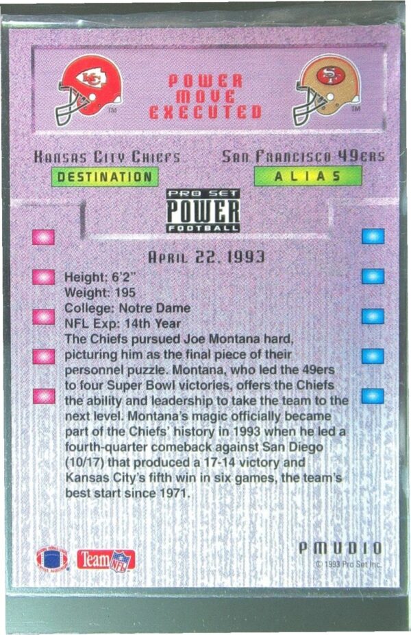 1993 Pro Set Power Update Joe Montana #PMUD10 Chiefs Power Moves - Image 3