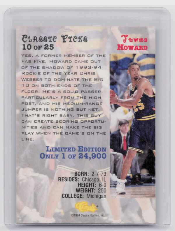 1994-95 Classic Draft Juwan Howard #10 Wolverines Classic Draft Picks - Image 3