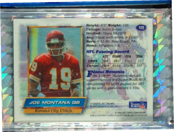1994 Finest Joe Montana #172 Chiefs - Image 3