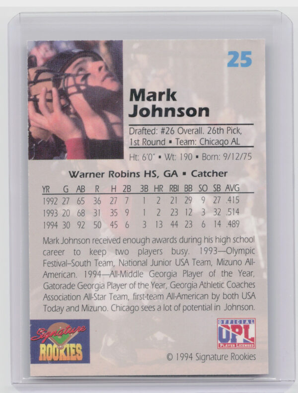 1994 Signature Rookies Draft Picks Mark Johnson AU SN7750 #25 Sox Signatures - Image 3