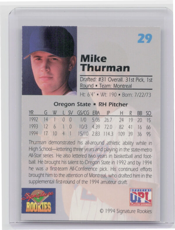 1994 Signature Rookies Draft Picks Mike Thurman AU SN7750 #29 Expos Signatures - Image 3