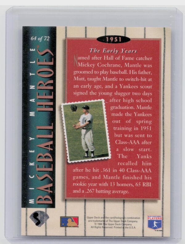 1994 Upper Deck Mickey Mantle #64 Yankees Baseball Heroes: Mickey Mantle - Image 3