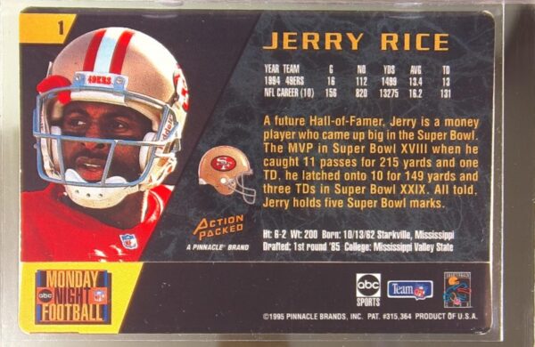 1995 Action Packed Monday Night Football Jerry Rice #1 49ers - Image 3